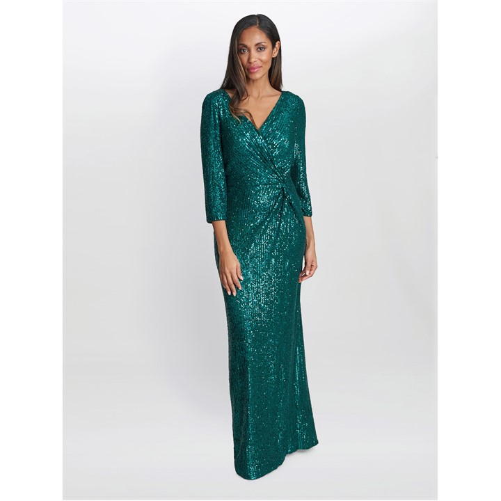 Gina Bacconi Jacynda Sequin three quarterSleeve Wrap Dress - Green