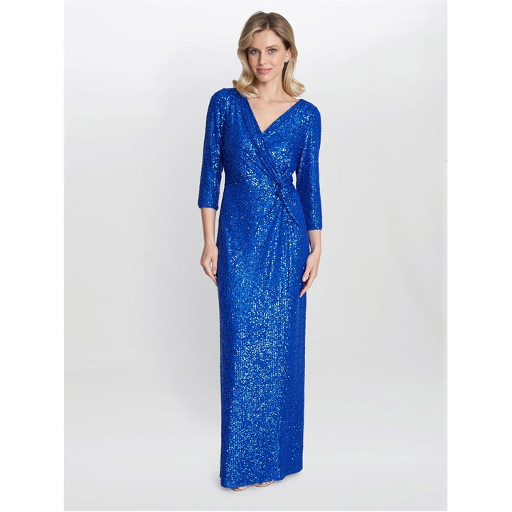 Gina Bacconi Jacynda Sequin three quarterSleeve Wrap Dress - Blue