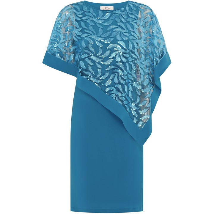 Gina Bacconi Darlene Embroidered Cape Dress - Blue
