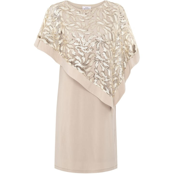 Gina Bacconi Darlene Embroidered Cape Dress - Beige