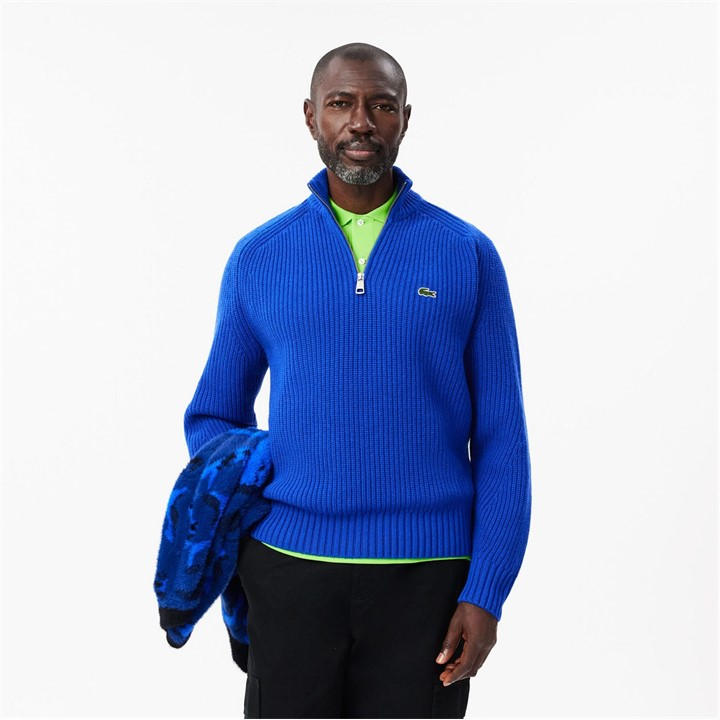 LACOSTE ZIPPED HIGH NECK CARDED WOOL SWEATER