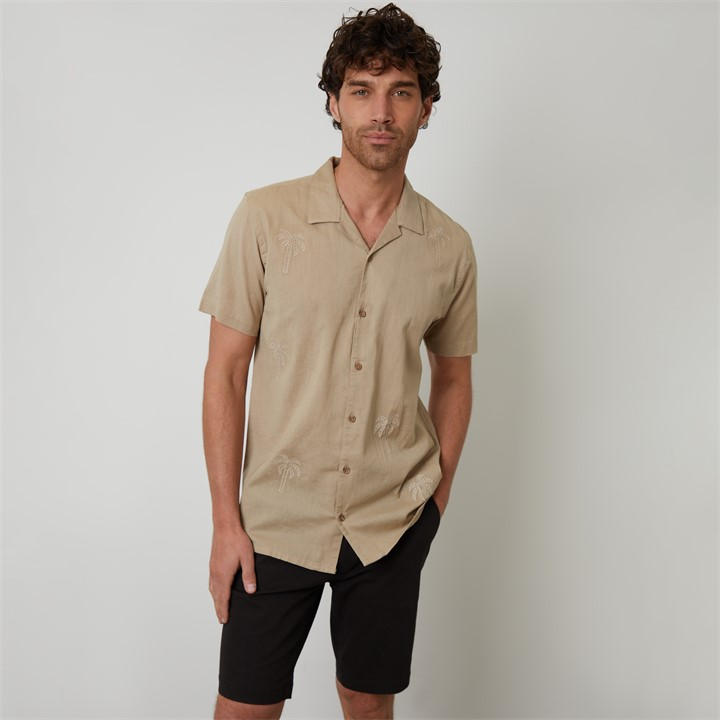 Threadbare Men's Beige Linen Blend Palm Embroidered Short Sleeve Shirt Medium