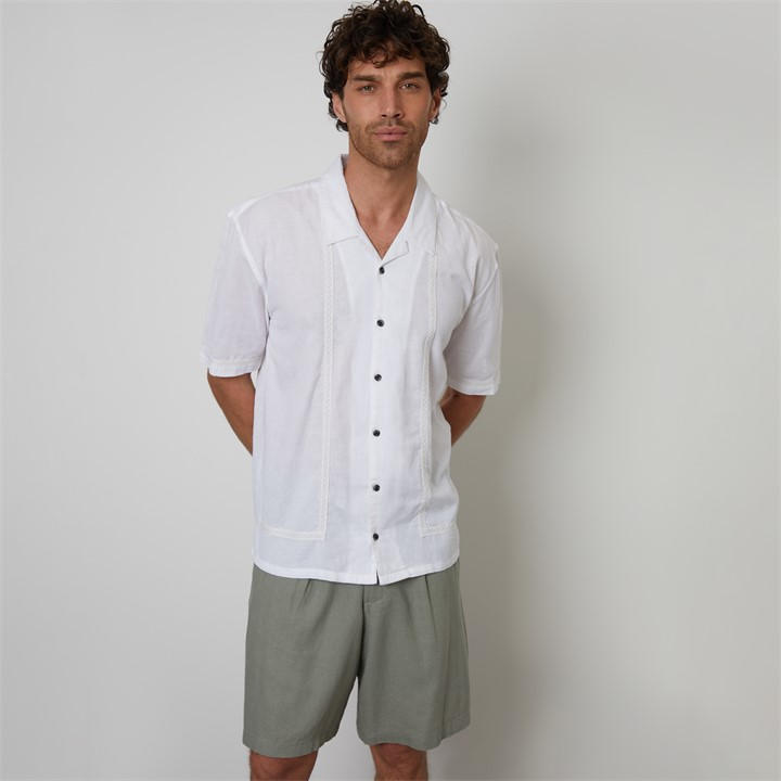Threadbare Men's White Linen Blend Lace Trim Relaxed Fit Shirt 2XL