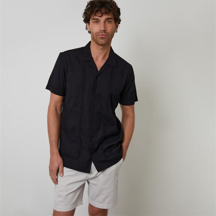 Threadbare Men's Black Linen Blend Lace Trim Relaxed Fit Shirt 2XL