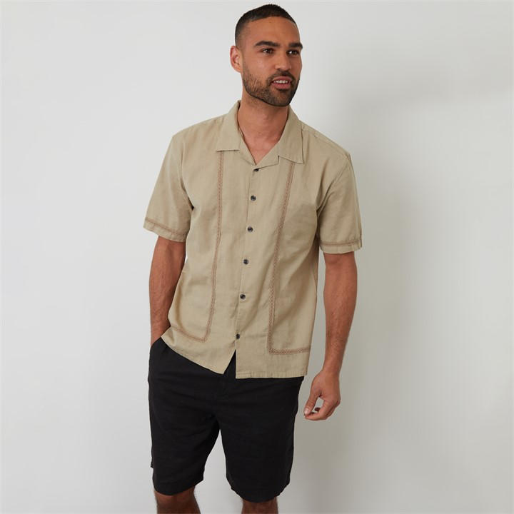 Threadbare Men's Beige Linen Blend Lace Trim Relaxed Fit Shirt 2XL