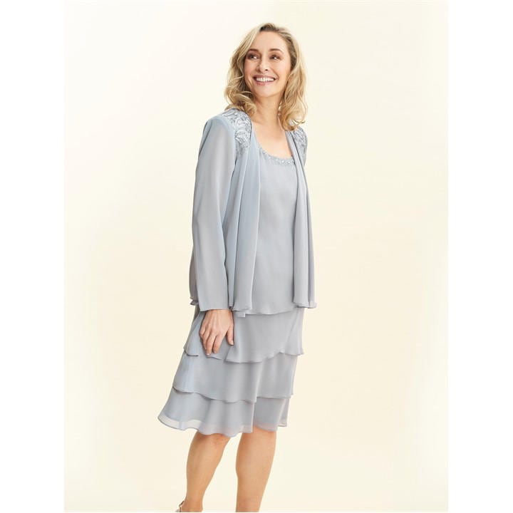 Gina Bacconi Camira Lace Shoulder Tier Jacket Dress - Grey