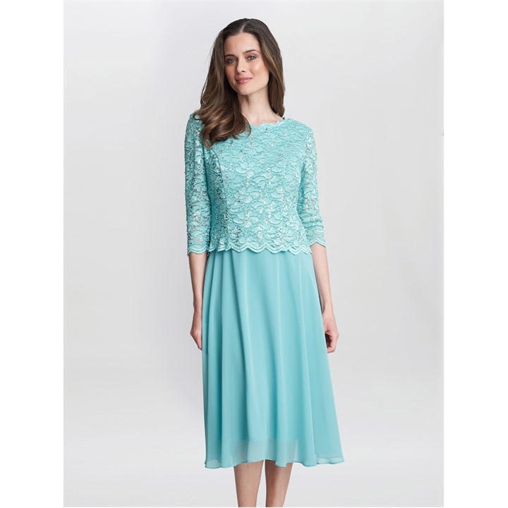 Gina Bacconi Rona Midi Dress with Chiffon Skirt - Green
