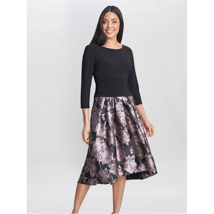 Gina Bacconi Hannah Floral Printed Jacquard Dress - Black