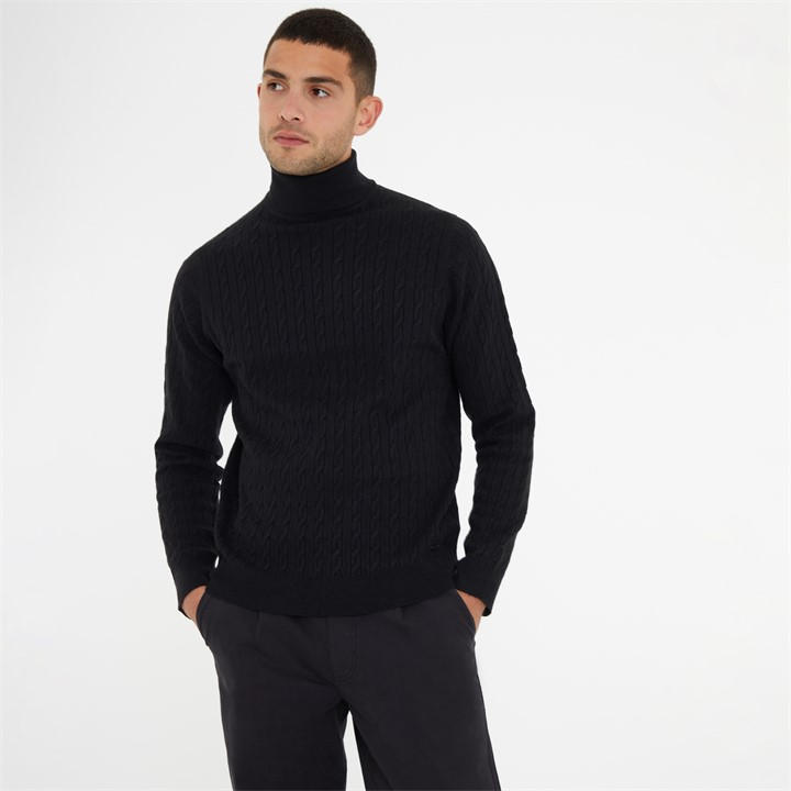 Threadbare Men's Black Cable Knit Roll Neck Jumper