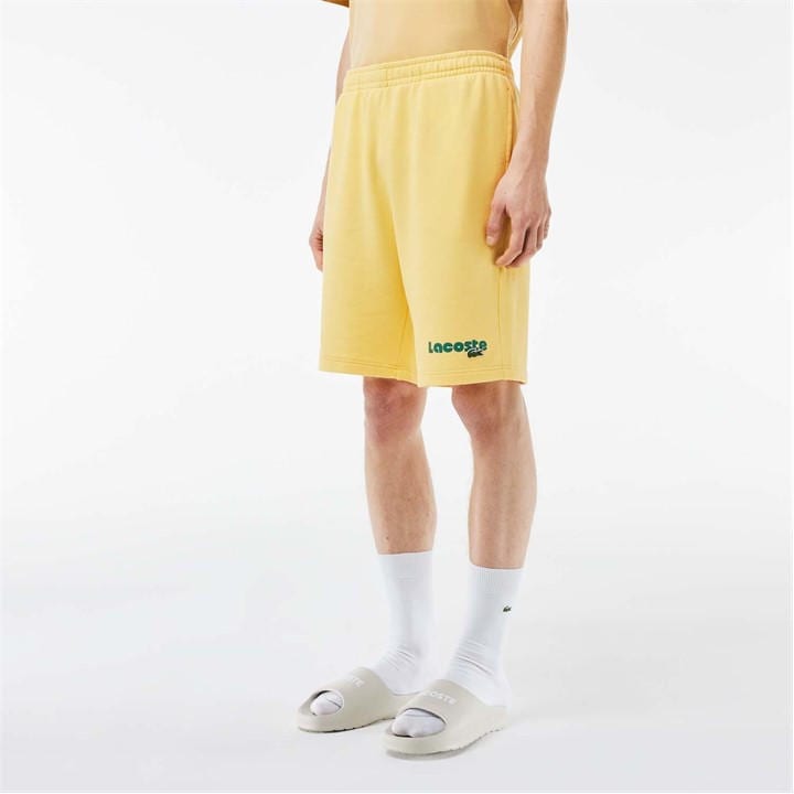 Lacoste Men's Yellow Washed Effect Printed Fleece Shorts Medium