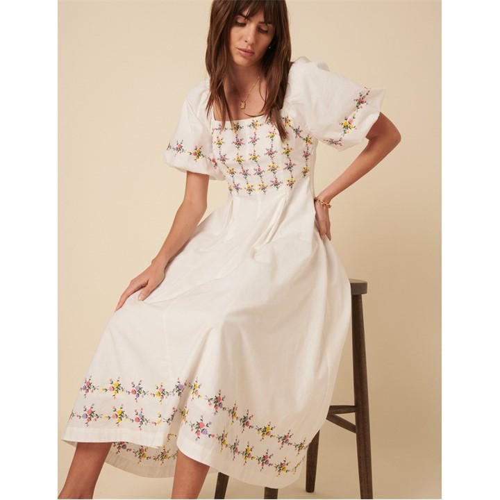 NOBODY'S CHILD LINEN-BLEND FLORAL PUFF SLEEVE DEMI MIDI DRE