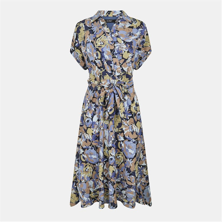 Lauren by Ralph Lauren Floral Belted Crepe Dress - Blue