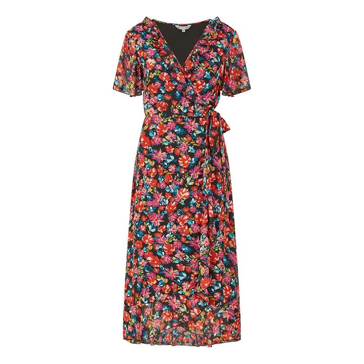 YUMI YUMI BLACK FLORAL WRAP MIDI DRESS