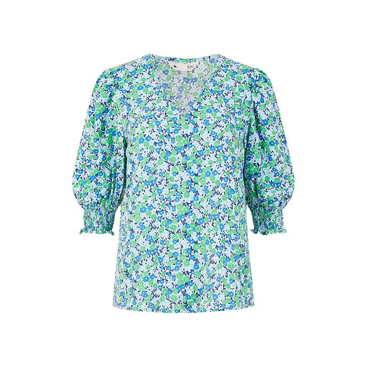 Yumi Women's Green Ditsy Print Puff Sleeve Top Size 8
