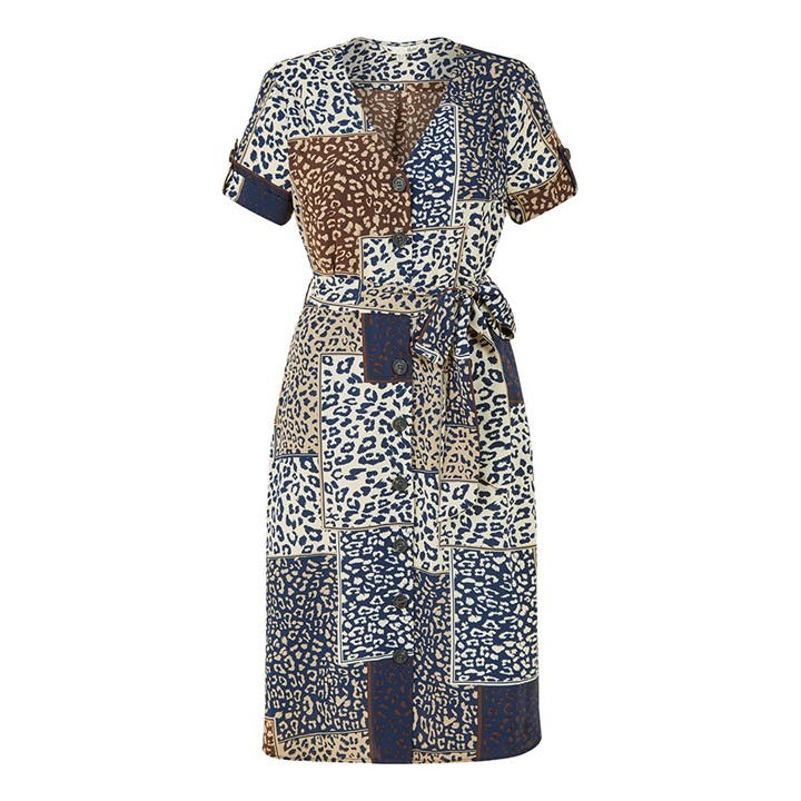 YUMI YUMI NAVY PATCHWORK ANIMAL PRINT SHIRT DRESS