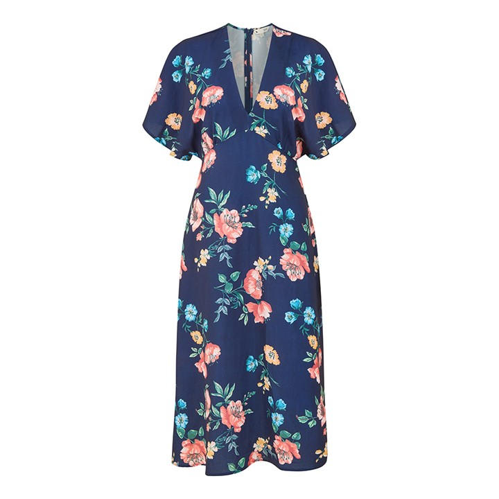 Yumi Women's Blue Navy Floral Kimono Midi Dress Size 12