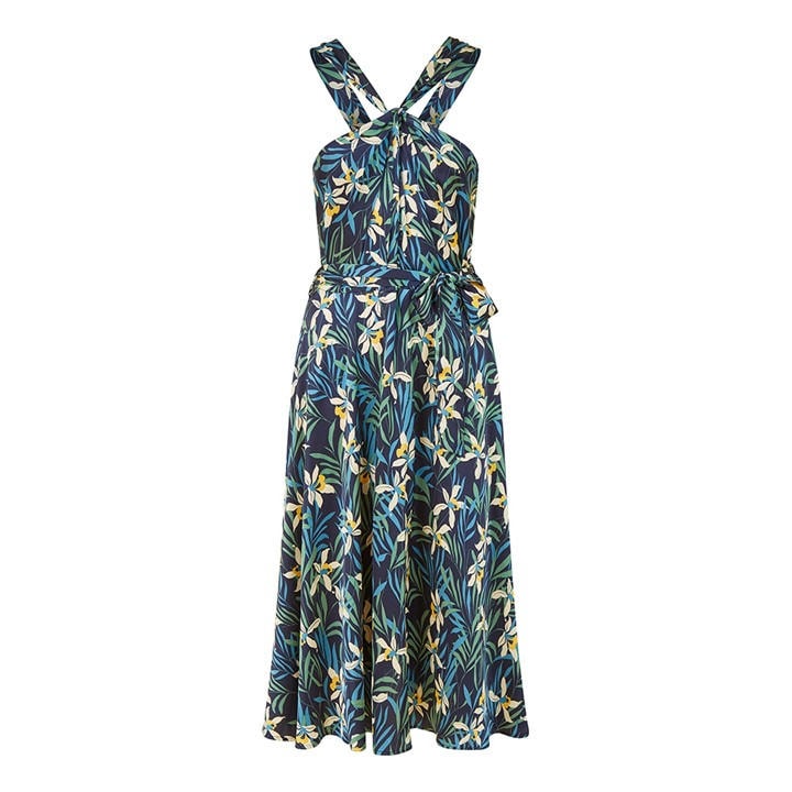 Yumi Women's Navy Tropical Print Satin Swing Dress - Blue