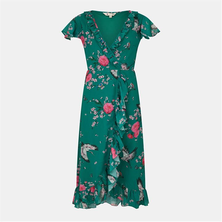 YUMI CRANE PRINT MIDI WRAP DRESS