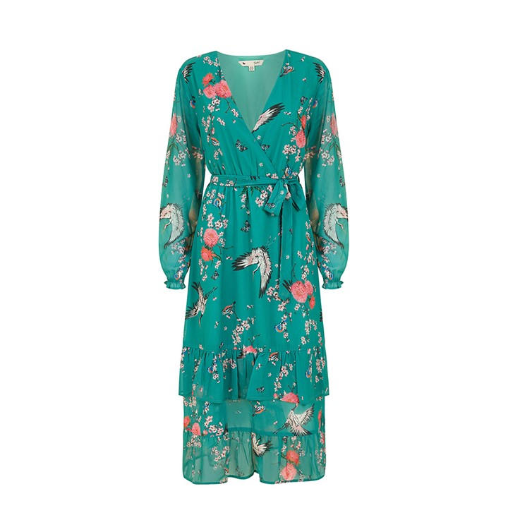 Yumi Women's Green Crane Print Wrap Midi Dress Size 10