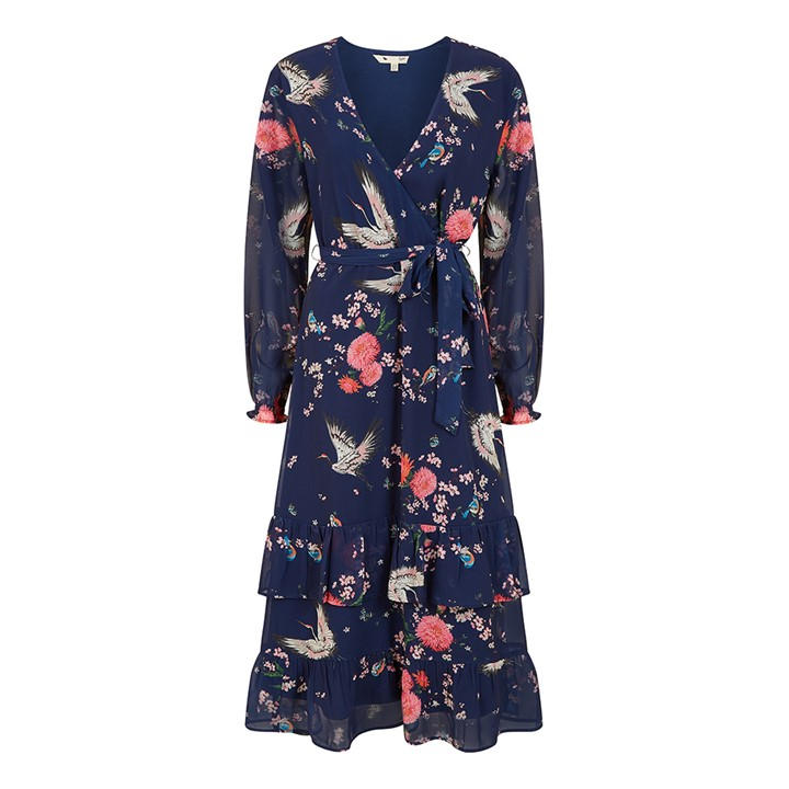YUMI YUMI NAVY CRANE PRINT WRAP MIDI DRESS