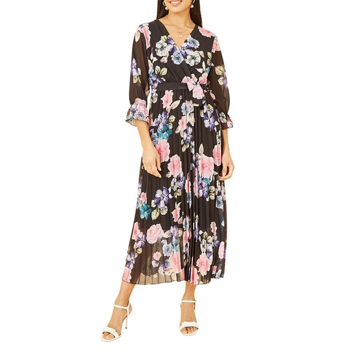 YUMI YUMI BLACK FLORAL PLEATED WRAP MIDI DRESS