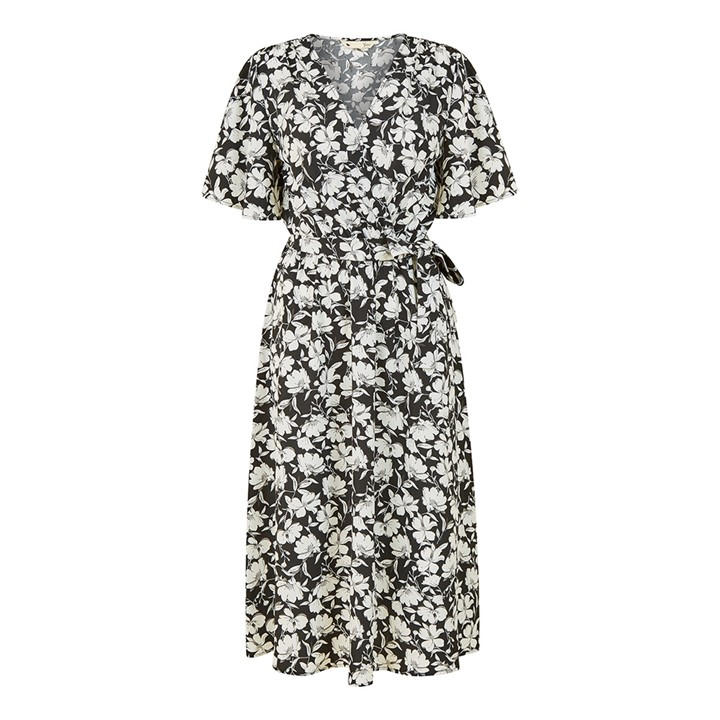 Yumi Women's Black Floral Midi Wrap Dress