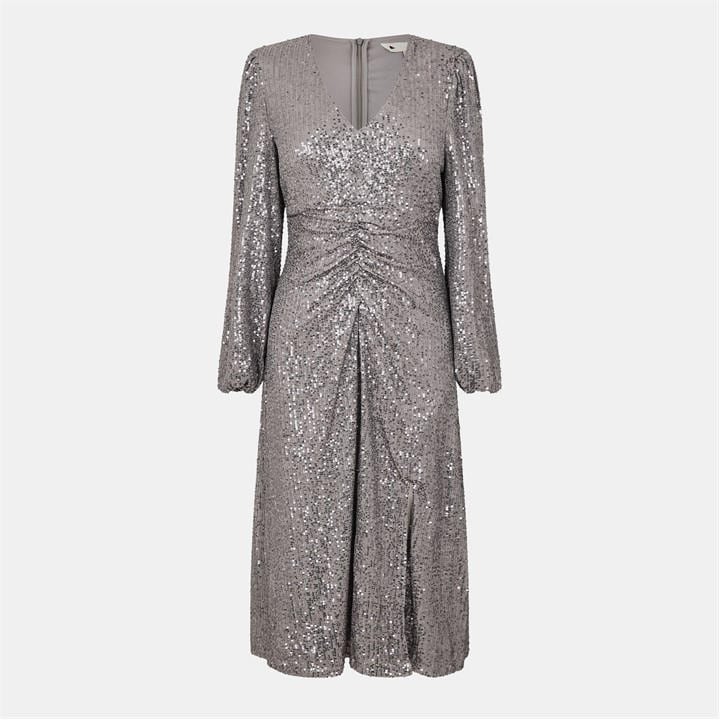 YUMI SEQUIN RUCHED MIDI DRESS