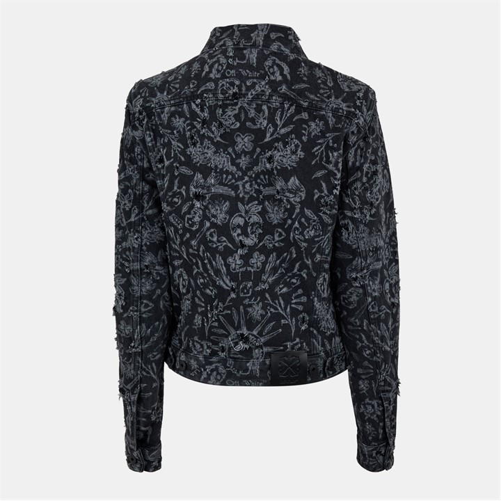 Off-white Distressed Denim Jacket With Tattoo Motif In Black