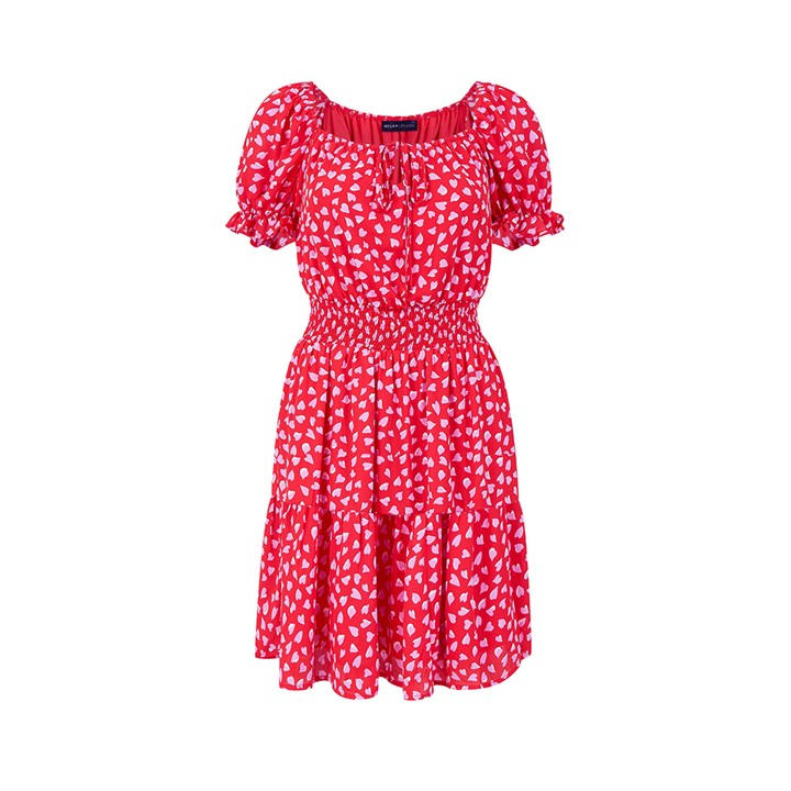 MELA LONDON RED HEART PRINTED BARDOT SKATER DRESS