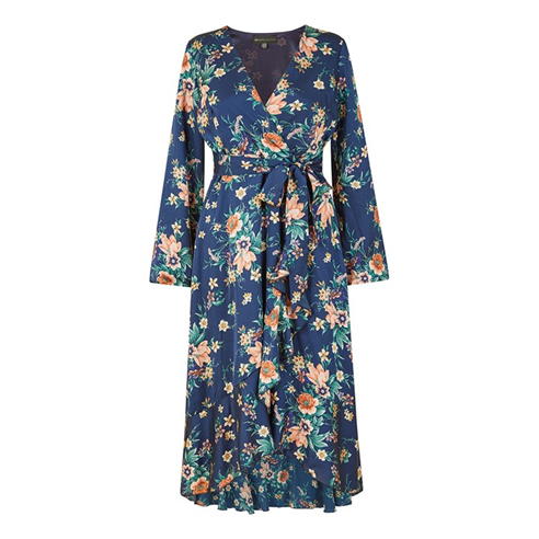 Mela London - Mela London Navy Floral Print Satin Wrap Dress