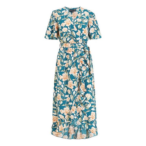 Mela London - Mela London Teal Floral Print Wrap Midi Dress