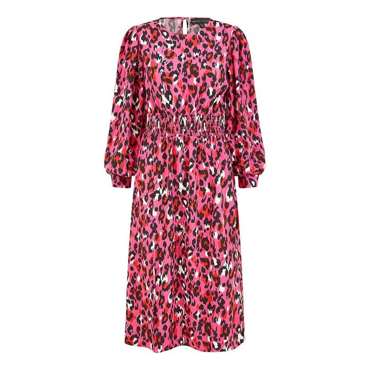 MELA LONDON PINK ANIMAL PRINT RUCHED MIDI DRESS