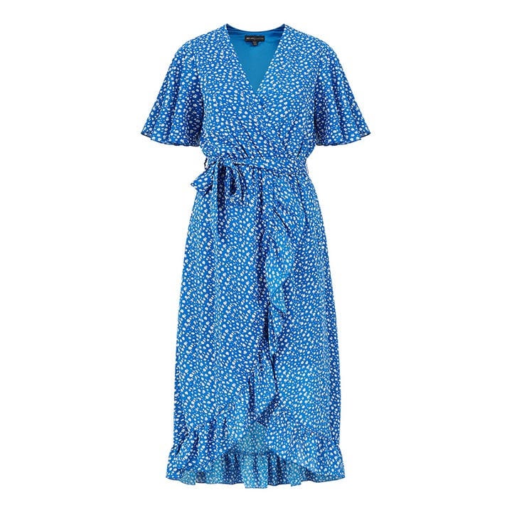 MELA LONDON BLUE DITSY DAISY WRAP FRONT MIDI DRESS