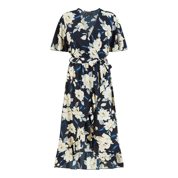 MELA LONDON NAVY FLORAL PRINT MIDI WRAP DRESS