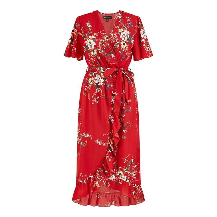 MELA LONDON BLUE FLORAL DIP HEM WRAP MIDI DRESS