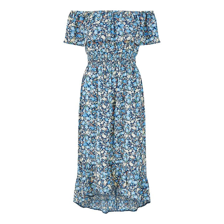 MELA LONDON BLUE FLORAL DITSY BARDOT MIDI DRESS