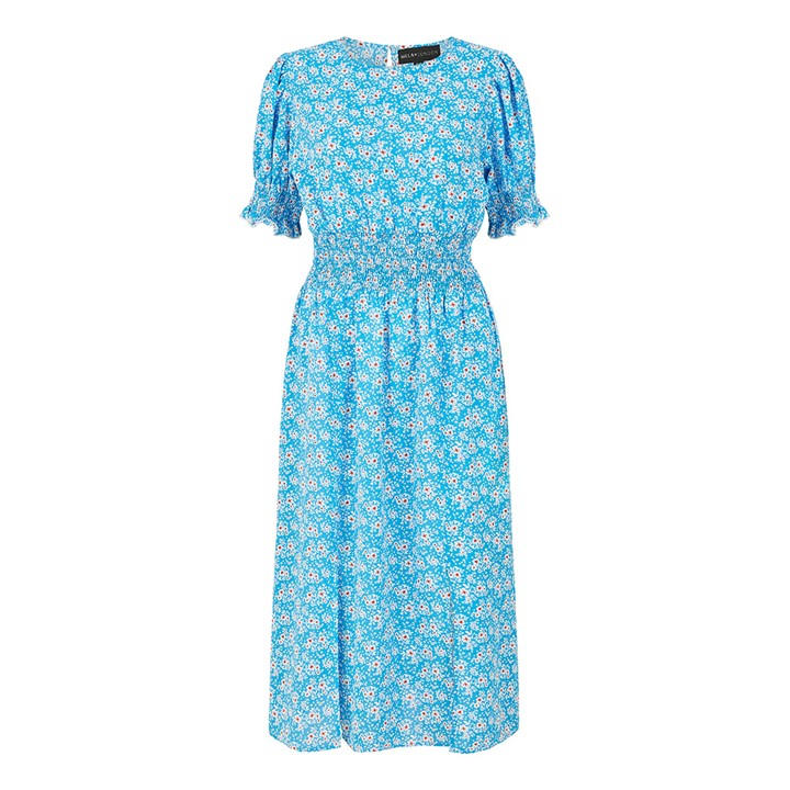 MELA LONDON BLUE FLORAL SHIRRED WAIST MIDI DRESS