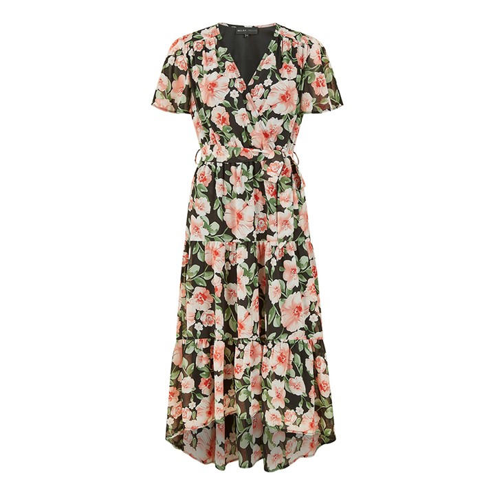 MELA LONDON BLACK FLORAL WRAP DRESS WITH DIPPED HEM