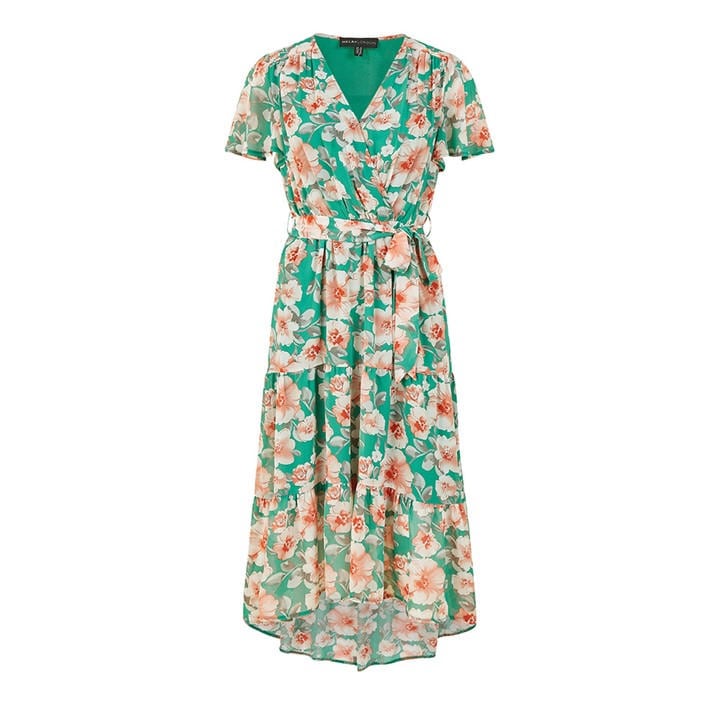 MELA LONDON BLACK FLORAL WRAP DRESS WITH DIPPED HEM