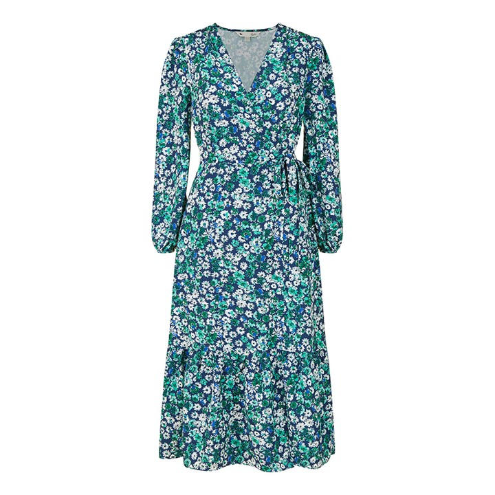 YUMI YUMI GREEN DAISY PRINT WRAP MIDI DRESS