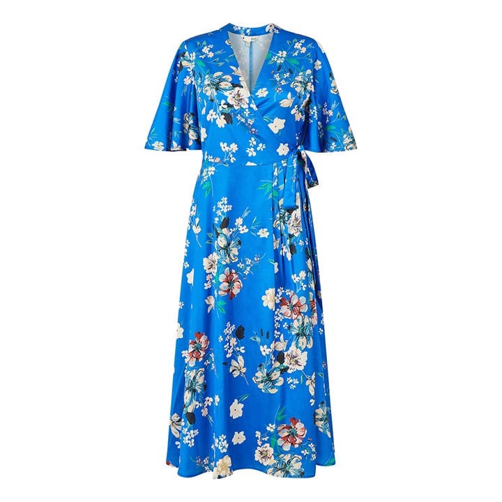 YUMI YUMI BLUE FLORAL SATIN WRAP DRESS