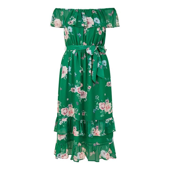YUMI YUMI GREEN FLORAL BARDOT MIDI DRESS