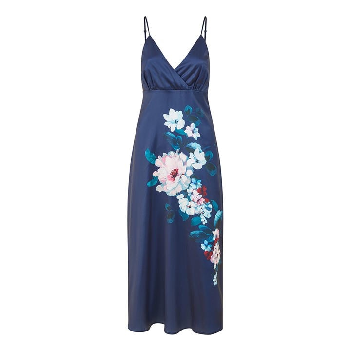 Yumi Women's Navy Satin Floral Slip Dress - Blue Yumi Women's Navy Satin Floral Slip Dress - Blue