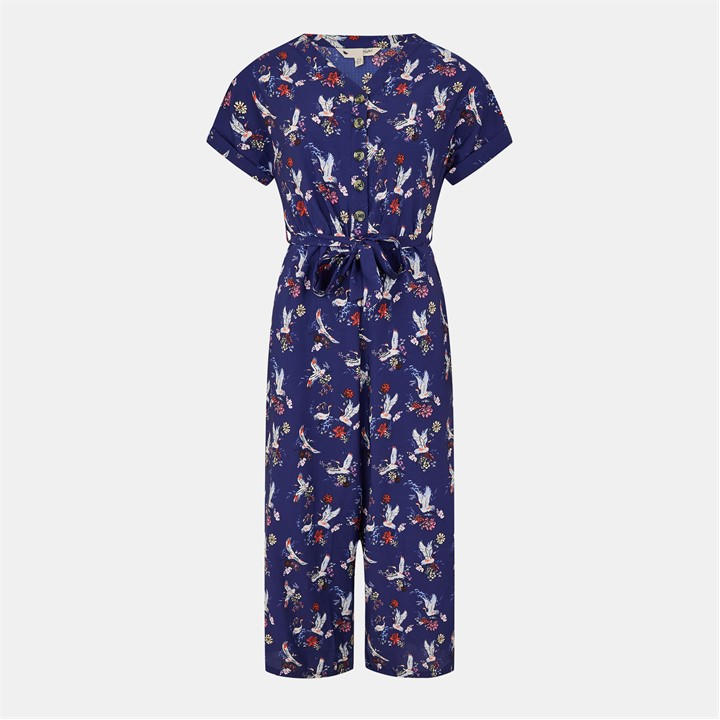 Yumi Women's Blue Navy Crane Print Culotte Jumpsuit Size 10
