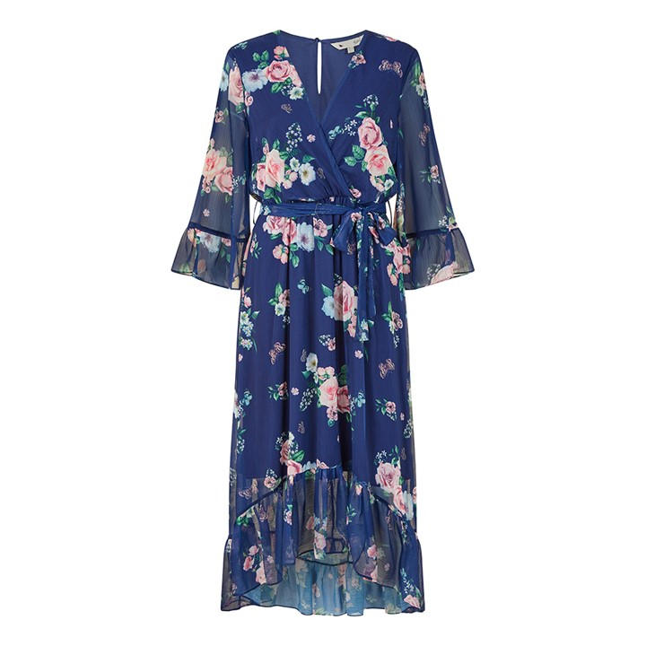 Yumi Green Floral Wrap Dress With Dipped Hem - Blue