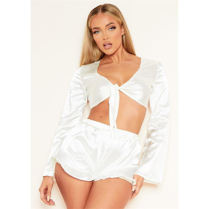 MISSY EMPIRE TIE FRONT LONG SLEEVE PYJAMA CROP TO