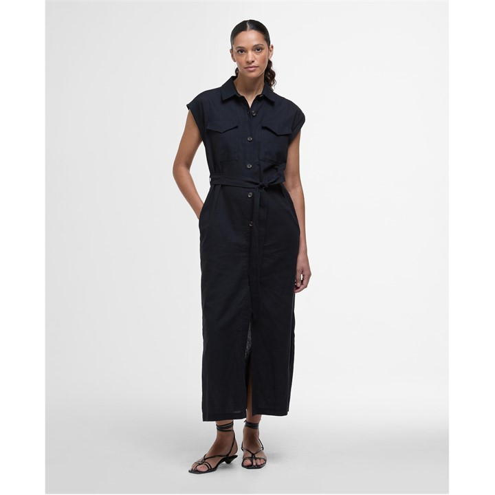Barbour Ivy Belted Waist Midi Dress With Pockets In Black