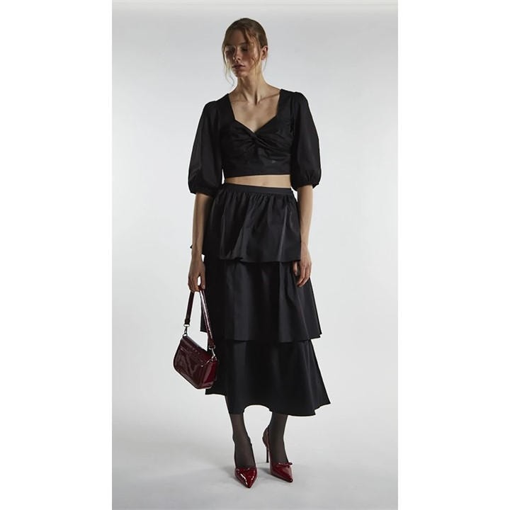 GLAMOROUS BLACK TIERED MIDI SKIRT