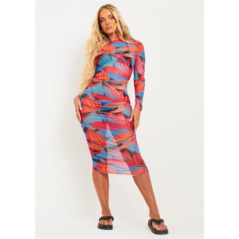 Missy Empire - Leaf Print Ruched Mesh Midi Dress