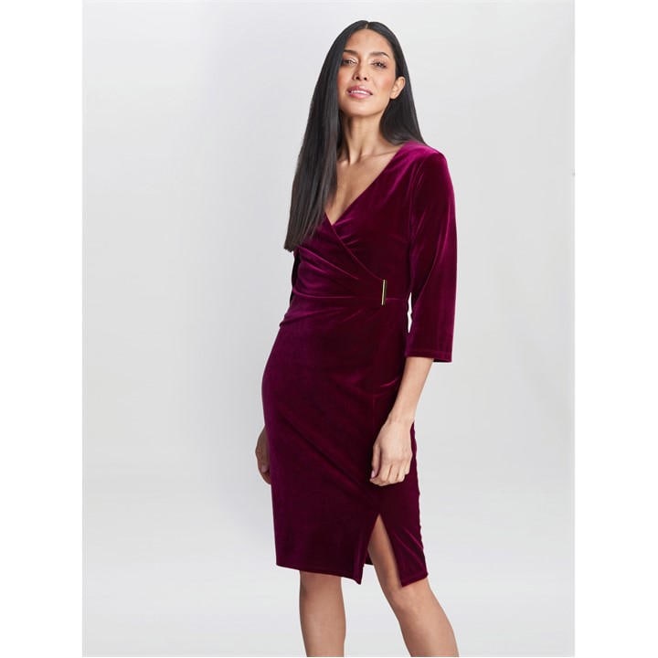Gina Bacconi Rachael Velvet Dress With Gold Trim - Red